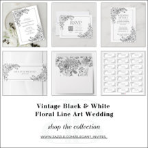Vintage Black & White Floral Line Art Wedding