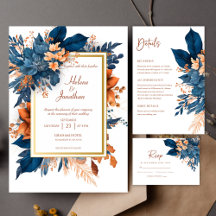 Navy Blue Rust Watercolor Floral Elegant Wedding