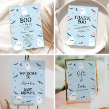 Modern Baby Blue Halloween Little Boo Baby Shower 