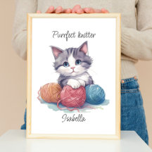 Cute watercolor kitten with yarns custom name