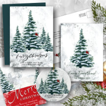 Watercolor Winter Pine Trees   Red Cardinal Bird