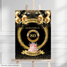Black and Gold Glitter 80th Birthday Welcome 05-80
