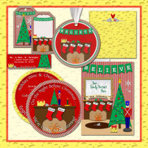 Night Before Christmas • 4 Stockings by Fireplace