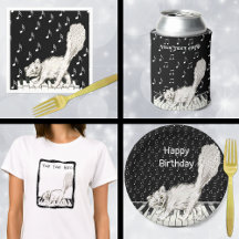 White Winking Cat Walking on Piano Keys Music Note