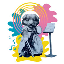 Funny puppy playing violoncello