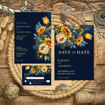 Navy Blue Rustic Sunflowers Wedding Invitations