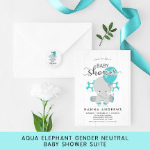 Teal Baby Elephant on White Wood - Baby Shower