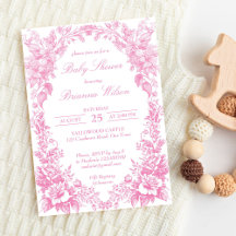 Elegant pink French toile botanical baby shower