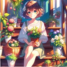 Cute Anime Girl Holding a Plant Watercolor
