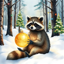 Cute Raccoon holding Christmas Ornament 