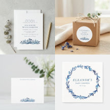 Minimalist Indigo Blue Ink Botanical Baby Shower