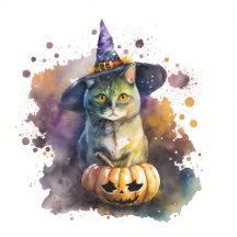 Halloween Watercolor Cat, Magic Hat and Pumpkin