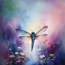 Watercolor Dragonfly Among Flowers