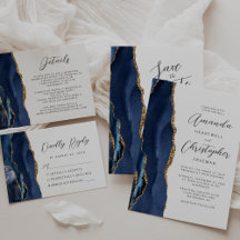 Agate Navy Blue Gold Modern Script Wedding Suite