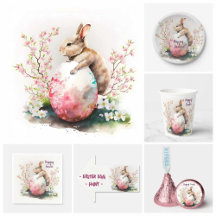 Easter Watercolor Bunny - Easter Eggs and Flowers