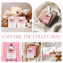 Elegant Pink Floral Teddy Bear Baby Shower