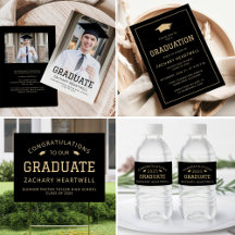 Classic Sporty Black Gold Typography Graduation