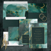 Moody Ink Emerald Gold Abstract Wedding
