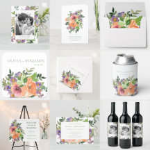 Boho Watercolor Purple Orange Floral Wedding