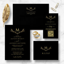 Elegant Black & Gold Monogram Wreath Wedding