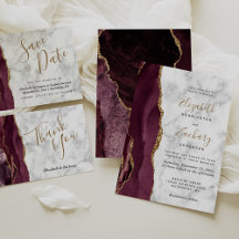 Burgundy Gold Agate Marble Fancy Script Wedding