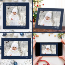 Minimal Modern Merry Christmas Blue Photo Holiday