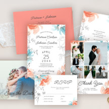 Modern orange peach dusty blue floral wedding