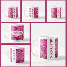 Name Mugs, Cute Pink Hydrangea Floral Lettering