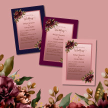 Burgundy Floral Navy Blue Rose Gold Script Wedding