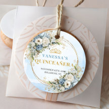 Dusty blue floral gold Quinceañera Favor Tag 37-15