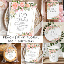 Peach   Pink Rose Floral 100th Birthday