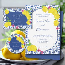 Watercolor Lemons on blue tiles collection