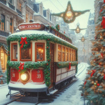 Vintage Christmas Tram in Snowy Town