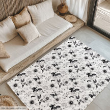 Trendy Black and White Flowers Area Rugs