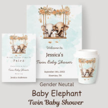 Cute Baby Elephant Gender Neutral Twin Baby Shower