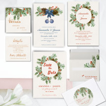 Red Berries Leaves & Pine Cone Christmas Wedding 