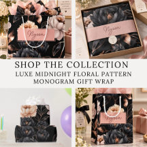 Luxe Midnight Floral Pattern Monogram Gift Wrap