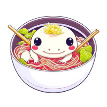 Cute Axolotl in Bowl of Ramen Soup
