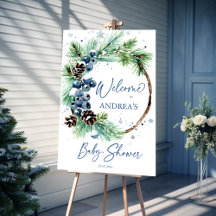 Winter baby shower snowy pines with pine cones