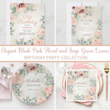 Blush Pink Floral Sage Green Leaves Birthday