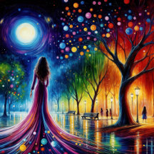 Dreamy Woman in a Colorful Magical Surreal Park 