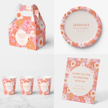 Retro Boho Pink Orange Floral Pattern Baby Shower