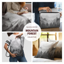 Black & White Mountain Forest Landscape Minimalist