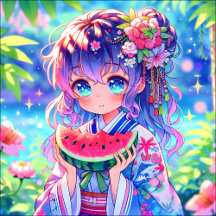 Cute Anime Girl Eating Watermelon on a Summer Day