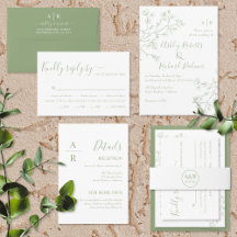 Sage green line art blossoms botanical wedding