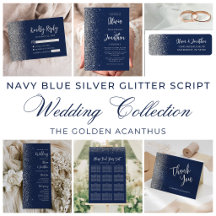Navy Blue Silver Glitter Calligraphy Wedding Suite