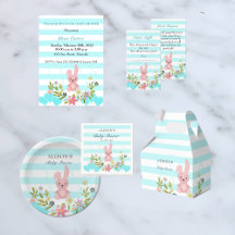 Floral Bunny Blue Stripes Baby Boy Shower Party