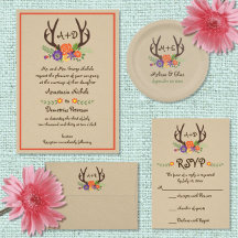 Antlers and flowers rustic wedding invitations