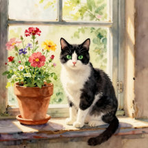 Watercolor Cat and Flowers on Window Sill 