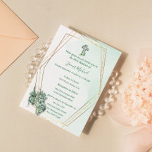 Elegant Green & Gold Cross Baptism Invitation 